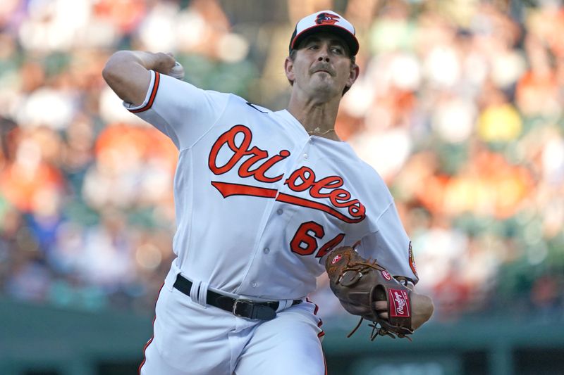 Jul 30, 2023; Baltimore, Maryland, USA; Baltimore Orioles pitcher Dean Kremer (64) delivers in the first inning against the New York Yankees at Oriole Park at Camden Yards. Mandatory Credit: Mitch Stringer-USA TODAY Sports