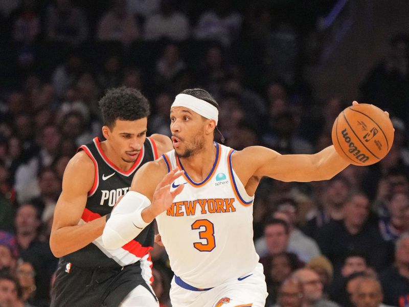 NEW YORK, NY - JANUARY 9: Josh Hart #3 of the New York Knicks dribbles the ball during the game against the Portland Trail Blazers on January 9, 2024 at Madison Square Garden in New York City, New York.  NOTE TO USER: User expressly acknowledges and agrees that, by downloading and or using this photograph, User is consenting to the terms and conditions of the Getty Images License Agreement. Mandatory Copyright Notice: Copyright 2024 NBAE  (Photo by Jesse D. Garrabrant/NBAE via Getty Images)