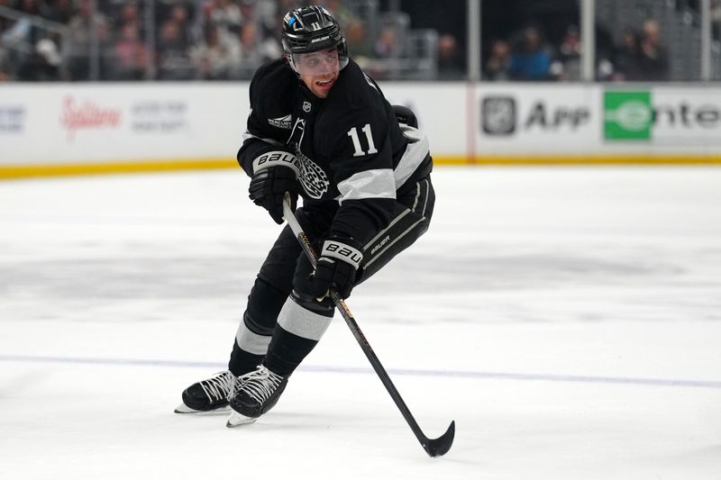 Nov 1, 2025; Los Angeles, California, USA; Los Angeles Kings center Anze Kopitar (11) against the New Jersey Devils in the second period at Crypto.com Arena. Mandatory Credit: Kirby Lee-Imagn Images