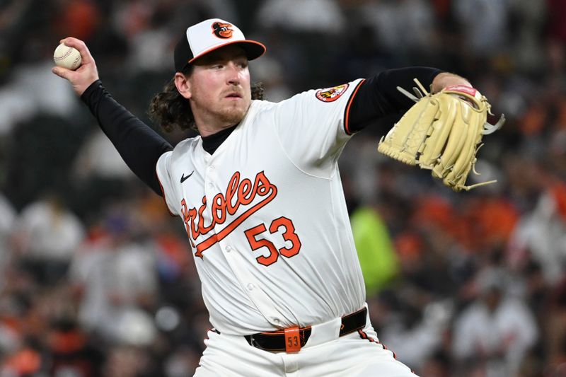 May 1, 2024; Baltimore, Maryland, USA;  Baltimore Orioles pitcher Mike Baumann (53) throws a eighth inning pitch against the New York Yankeesat Oriole Park at Camden Yards. Mandatory Credit: Tommy Gilligan-USA TODAY Sports