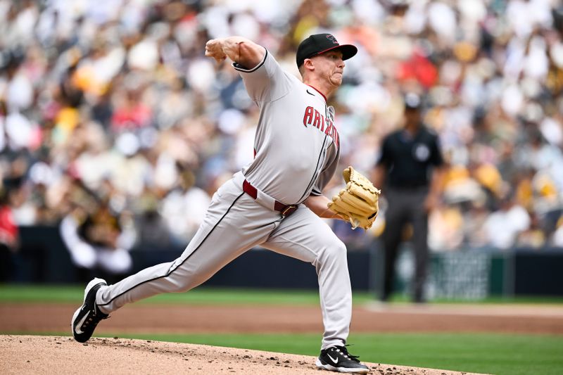 Jun 9, 2024; San Diego, California, USA; Arizona Diamondbacks starting pitcher Scott McGough pitches during the first inning against the San Diego Padres at Petco Park. Mandatory Credit: Denis Poroy-USA TODAY Sports at Petco Park. 