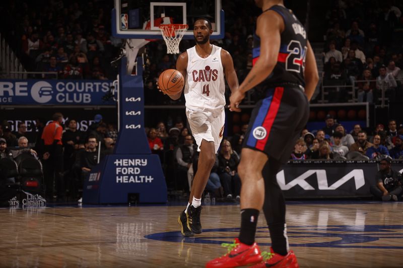 DETROIT, MI - MARCH 1: Evan Mobley #4 of the Cleveland Cavaliers dribbles the ball during the game against the Detroit Pistons on March 1, 2024 at Little Caesars Arena in Detroit, Michigan. NOTE TO USER: User expressly acknowledges and agrees that, by downloading and/or using this photograph, User is consenting to the terms and conditions of the Getty Images License Agreement. Mandatory Copyright Notice: Copyright 2024 NBAE (Photo by Brian Sevald/NBAE via Getty Images)