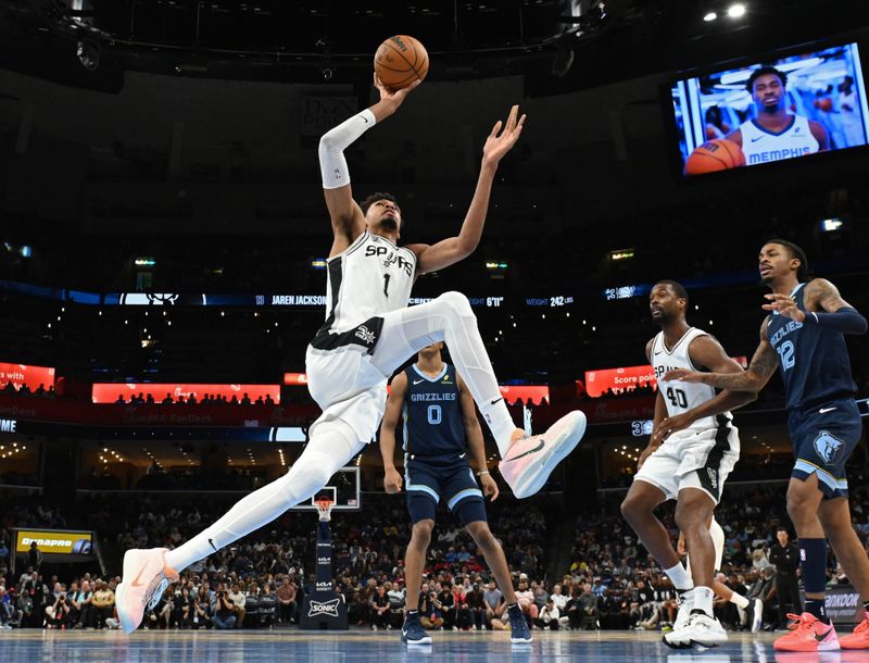 MEMPHIS, TN - FEBRUARY 3:  Victor Wembanyama #1 of the San Antonio Spurs shoots the ball during the game against the Memphis Grizzlies  on February  3, 2025 at FedExForum in Memphis, Tennessee. NOTE TO USER: User expressly acknowledges and agrees that, by downloading and or using this photograph, User is consenting to the terms and conditions of the Getty Images License Agreement. Mandatory Copyright Notice: Copyright 2025 NBAE (Photo by Grant Burke/NBAE via Getty Images)