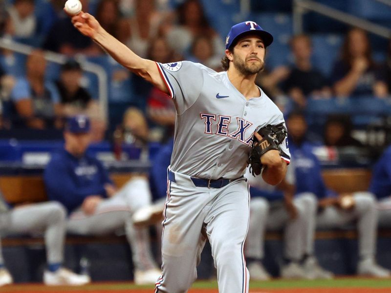 Apr 2, 2024; St. Petersburg, Florida, USA; Texas Rangers shortstop Josh Smith (8) throws the ball to first base against the Tampa Bay Rays during the third inning at Tropicana Field. Mandatory Credit: Kim Klement Neitzel-USA TODAY Sports