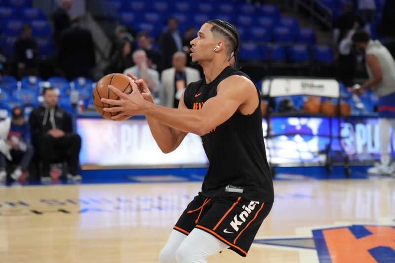 NEW YORK, NY - APRIL 20: Josh Hart #3 of the New York Knicks warms up before the game against the Philadelphia 76ers during Round 1 Game 1 of the 2024 NBA Playoffs on April 20, 2024 at Madison Square Garden in New York City, New York.  NOTE TO USER: User expressly acknowledges and agrees that, by downloading and or using this photograph, User is consenting to the terms and conditions of the Getty Images License Agreement. Mandatory Copyright Notice: Copyright 2024 NBAE  (Photo Jesse D. Garrabrant/NBAE via Getty Images)