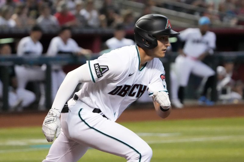 Jul 8, 2023; Phoenix, Arizona, USA; Arizona Diamondbacks designated hitter Dominic Canzone (6) bats against the Pittsburgh Pirates during the first inning at Chase Field. The at bat was the first of the career of Canzone. Mandatory Credit: Joe Camporeale-USA TODAY Sports