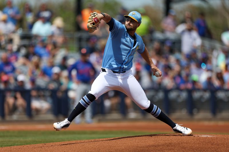 Mar 1, 2025; Port Charlotte, Florida, USA; Tampa Bay Rays pitcher Shane McClanahan (18) throws a pitch against the New York Mets in the first inning during spring training at Charlotte Sports Park. Mandatory Credit: Nathan Ray Seebeck-Imagn Images