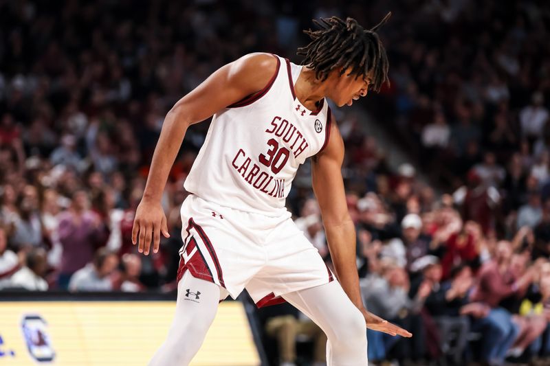 Feb 17, 2024; Columbia, South Carolina, USA; South Carolina Gamecocks forward Collin Murray-Boyles (30) gestures after play against the LSU Tigers in the first half at Colonial Life Arena. Mandatory Credit: Jeff Blake-USA TODAY Sports