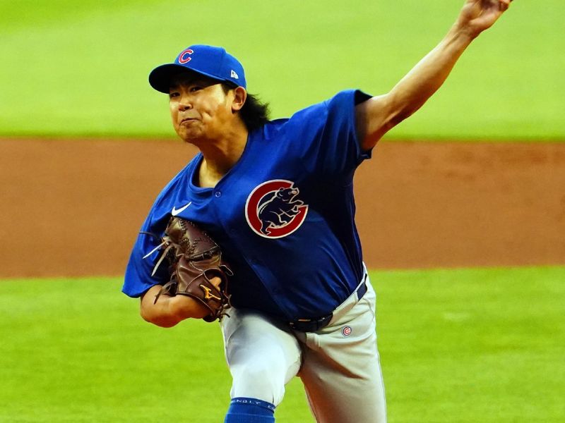 May 13, 2024; Cumberland, Georgia, USA; Chicago Cubs pitcher Shota Imanaga (18) throws a pitch against the Atlanta Braves during the first inning at Truist Park. Mandatory Credit: John David Mercer-USA TODAY Sports