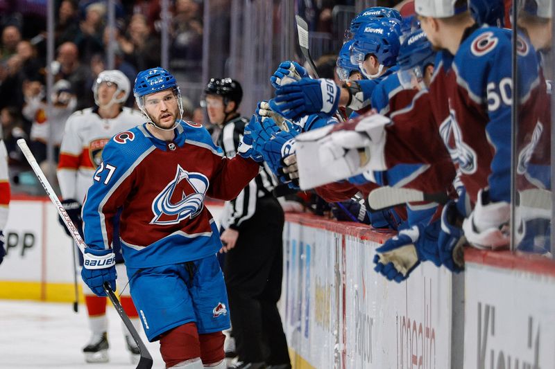 Jan 6, 2024; Denver, Colorado, USA; Colorado Avalanche left wing Jonathan Drouin (27) celebrates with the bench after his goal in the third period against the Florida Panthers at Ball Arena. Mandatory Credit: Isaiah J. Downing-USA TODAY Sports