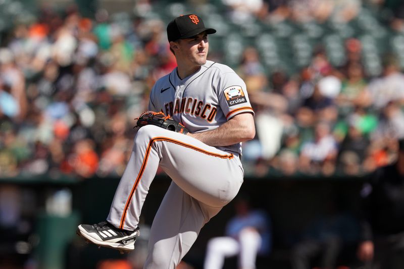 Aug 5, 2023; Oakland, California, USA; San Francisco Giants starting pitcher Ross Stripling (48) throws a pitch against the Oakland Athletics during the first inning at Oakland-Alameda County Coliseum. Mandatory Credit: Darren Yamashita-USA TODAY Sports