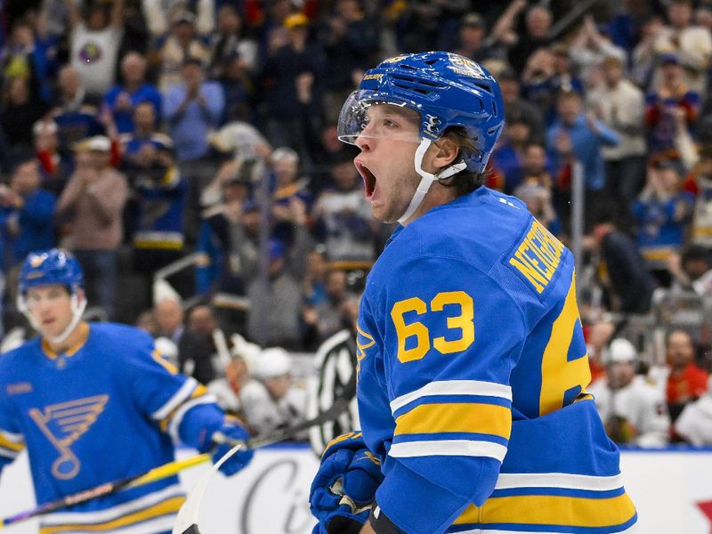 Oct 15, 2025; St. Louis, Missouri, USA; St. Louis Blues left wing Jake Neighbours (63) reacts after scoring against the Chicago Blackhawks during the first period at Enterprise Center. Mandatory Credit: Jeff Curry-Imagn Images