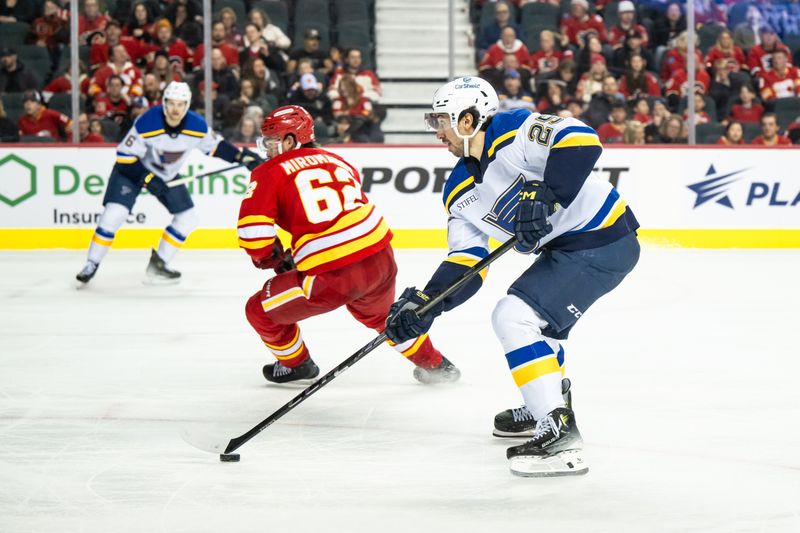 Dec 5, 2024; Calgary, Alberta, CAN; St. Louis Blues center Jordan Kyrou (25) stickhandles past Calgary Flames defenseman Daniil Miromanov (62) during the third period at Scotiabank Saddledome. Mandatory Credit: Brett Holmes-Imagn Images