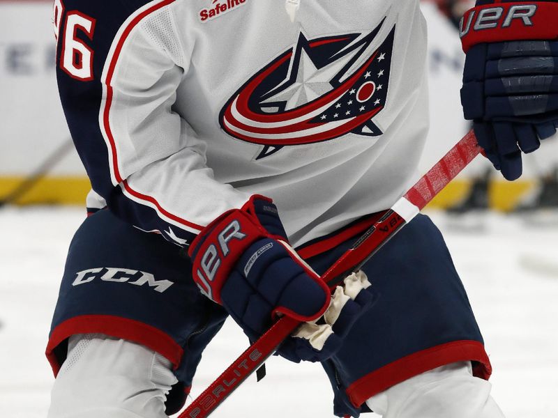 Mar 5, 2024; Pittsburgh, Pennsylvania, USA;  Columbus Blue Jackets center Jack Roslovic (96) warms up before the game against the Pittsburgh Penguins at PPG Paints Arena. Mandatory Credit: Charles LeClaire-USA TODAY Sports