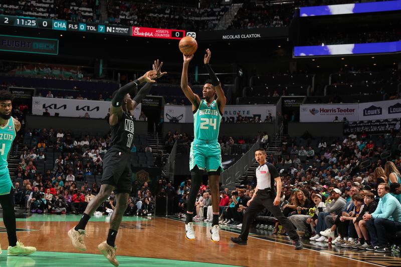 CHARLOTTE, NC - MARCH 9: Brandon Miller #24 of the Charlotte Hornets shoots a three point basket during the game against the Brooklyn Nets on March 9, 2024 at Spectrum Center in Charlotte, North Carolina. NOTE TO USER: User expressly acknowledges and agrees that, by downloading and or using this photograph, User is consenting to the terms and conditions of the Getty Images License Agreement. Mandatory Copyright Notice: Copyright 2024 NBAE (Photo by Kent Smith/NBAE via Getty Images)