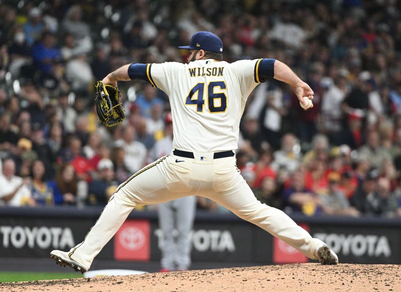 Sep 26, 2023; Milwaukee, Wisconsin, USA; Milwaukee Brewers relief pitcher Bryse Wilson (46) delivers a pitch against the St. Louis Cardinals in the sixth inning  at American Family Field. Mandatory Credit: Michael McLoone-USA TODAY Sports