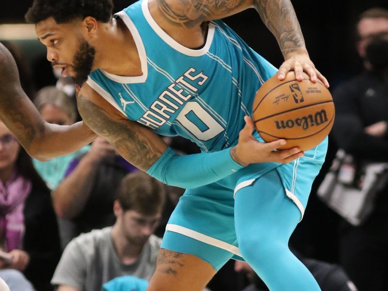 CHARLOTTE, NC - JANUARY 27:  Miles Bridges #0 of the Charlotte Hornets handles the ball during the game against the Los Angeles Lakers on January 27, 2025 at Spectrum Center in Charlotte, North Carolina. NOTE TO USER: User expressly acknowledges and agrees that, by downloading and or using this photograph, User is consenting to the terms and conditions of the Getty Images License Agreement. Mandatory Copyright Notice: Copyright 2025 NBAE (Photo by Brock Williams-Smith/NBAE via Getty Images)