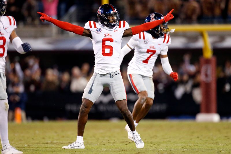 Nov 23, 2023; Starkville, Mississippi, USA; Mississippi Rebels defensive back Zamari Walton (6) reacts after a missed field goal by the  Mississippi State Bulldogs during the second half at Davis Wade Stadium at Scott Field. Mandatory Credit: Petre Thomas-USA TODAY Sports