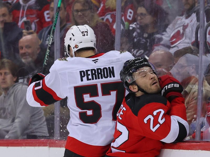 Mar 22, 2025; Newark, New Jersey, USA; Ottawa Senators left wing David Perron (57) hits New Jersey Devils defenseman Brett Pesce (22) during the first period at Prudential Center. Mandatory Credit: Ed Mulholland-Imagn Images