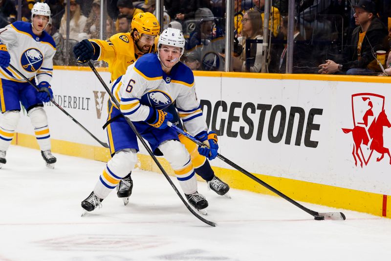 Jan 20, 2026; Nashville, Tennessee, USA;  Buffalo Sabres left wing Zach Benson (6) skates behind the net against the Nashville Predators during the second period at Bridgestone Arena. Mandatory Credit: Steve Roberts-Imagn Images