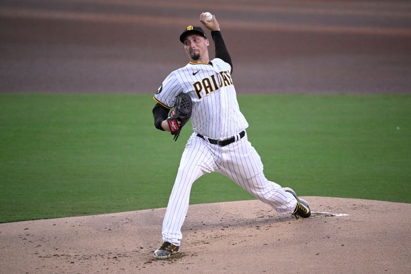 Aug 22, 2023; San Diego, California, USA; San Diego Padres starting pitcher Blake Snell (4) throws a pitch against the Miami Marlins during the first inning at Petco Park. Mandatory Credit: Orlando Ramirez-USA TODAY Sports