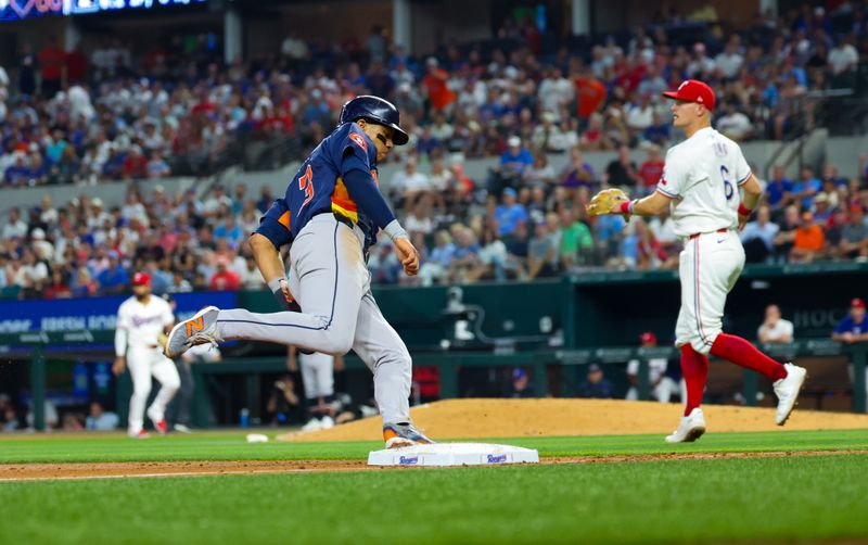 Aug 6, 2024; Arlington, Texas, USA; Houston Astros shortstop Jeremy Pena (3) rounds third base and scores during the sixth inning against the Texas Rangers at Globe Life Field. Mandatory Credit: Kevin Jairaj-USA TODAY Sports
