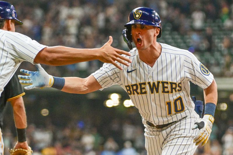 Aug 5, 2023; Milwaukee, Wisconsin, USA;  Milwaukee Brewers right fielder Sal Frelick (10) reacts after driving in a run with a base hit against the Pittsburgh Pirates in the ninth inning at American Family Field. Mandatory Credit: Benny Sieu-USA TODAY Sports