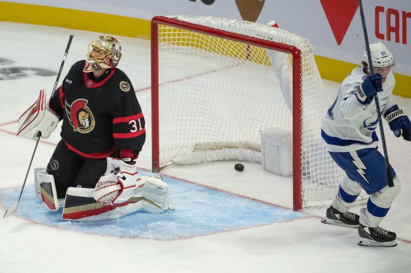 Nov 4, 2023; Ottawa, Ontario, CAN; Ottawa Senators goalie Anton Forsberg (31) reacts to a goal scored by Tampa Bay Lightning center Brayden Point (21) in the third period at the Canadian Tire Centre. Mandatory Credit: Marc DesRosiers-USA TODAY Sports