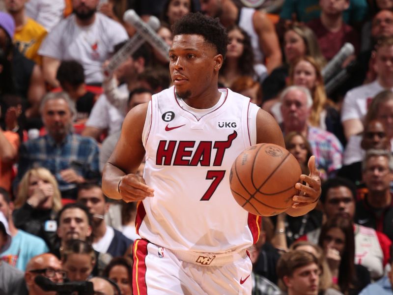 MIAMI, FL - APRIL 14: Kyle Lowry #7 of the Miami Heat dribbles the ball during the game against the Chicago Bulls during the 2023 Play-In Tournament on April 14, 2023 at the Kaseya Center in Miami, Florida. NOTE TO USER: User expressly acknowledges and agrees that, by downloading and or using this Photograph, user is consenting to the terms and conditions of the Getty Images License Agreement. Mandatory Copyright Notice: Copyright 2023 NBAE (Photo by Issac Baldizon/NBAE via Getty Images)