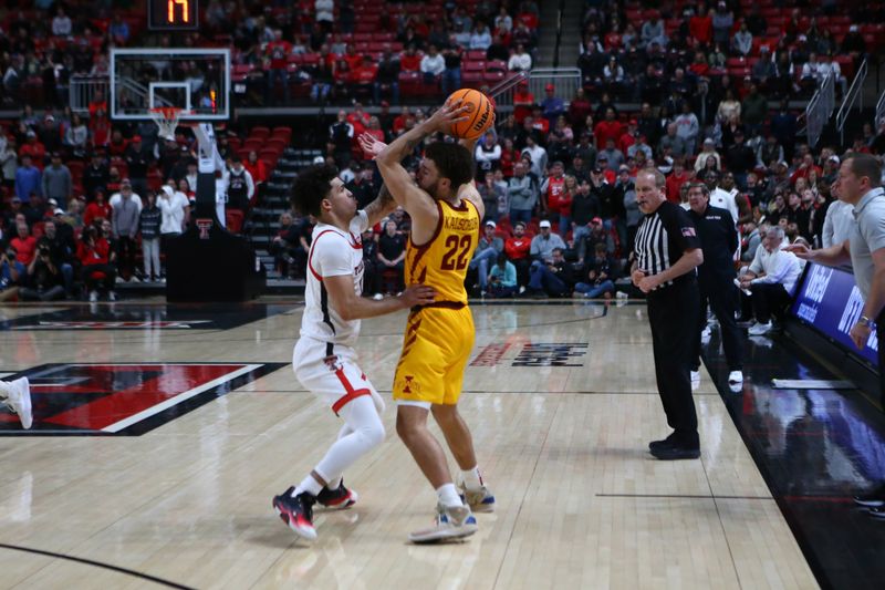 Jan 30, 2023; Lubbock, Texas, USA;  Iowa State Cyclones guard Gabe Kalscheur (22) looks to pass the ball in front of Texas Tech Red Raiders guard D   Maurian Williams (3) in the second half at United Supermarkets Arena. Mandatory Credit: Michael C. Johnson-USA TODAY Sports