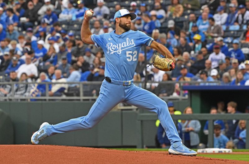 Apr 26, 2025; Kansas City, Missouri, USA;  Kansas City Royals starting pitcher Michael Wacha (52) throws a pitch in the first inning against the Houston Astros at Kauffman Stadium. Mandatory Credit: Peter Aiken-Imagn Images