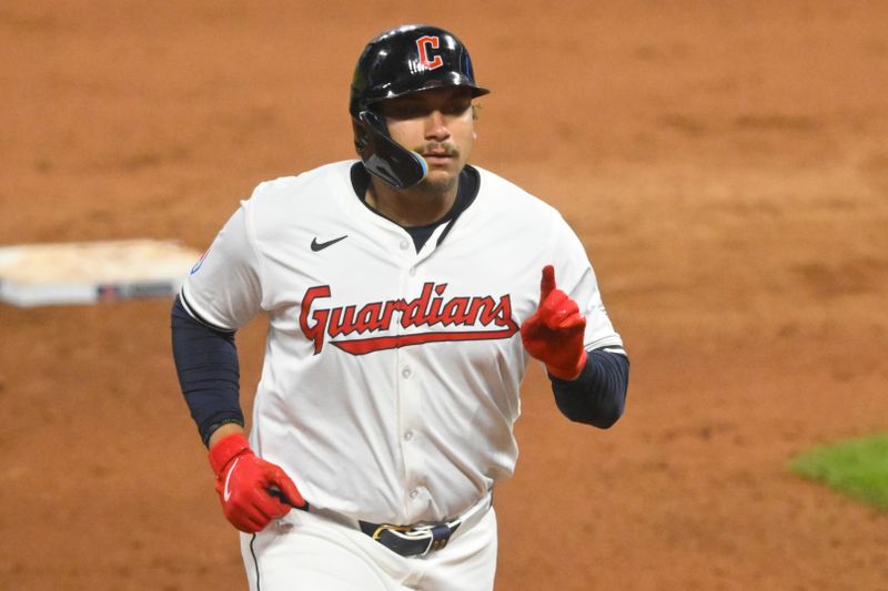 Apr 13, 2024; Cleveland, Ohio, USA; Cleveland Guardians first baseman Josh Naylor (22) celebrates his solo home run in the ninth inning against the New York Yankees at Progressive Field. Mandatory Credit: David Richard-USA TODAY Sports