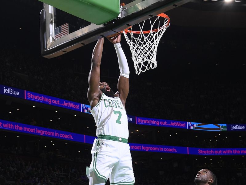 BOSTON, MA - FEBRUARY 1: Jaylen Brown #7 of the Boston Celtics drives to the basket during the game  against the Los Angeles Lakers on February 1, 2024 at the TD Garden in Boston, Massachusetts. NOTE TO USER: User expressly acknowledges and agrees that, by downloading and or using this photograph, User is consenting to the terms and conditions of the Getty Images License Agreement. Mandatory Copyright Notice: Copyright 2024 NBAE  (Photo by Brian Babineau/NBAE via Getty Images)