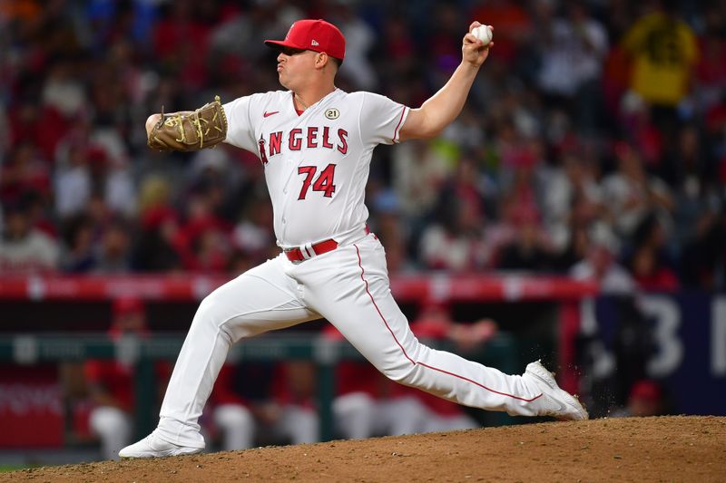 Sep 15, 2023; Anaheim, California, USA; Los Angeles Angels starting pitcher Jhonathan Diaz (74) throws against the Detroit Tigers during the eighth inning at Angel Stadium. Mandatory Credit: Gary A. Vasquez-USA TODAY Sports