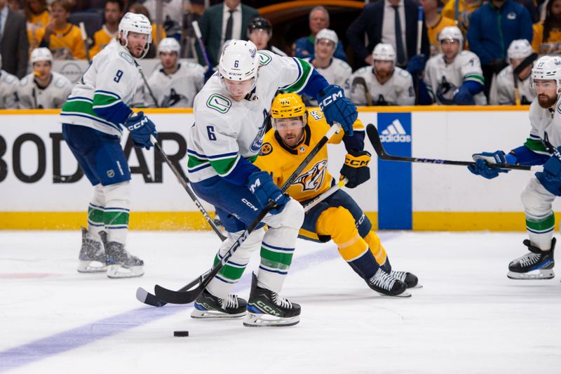 Apr 26, 2024; Nashville, Tennessee, USA; Vancouver Canucks right wing Brock Boeser (6) skates against the Nashville Predators during the third period in game three of the first round of the 2024 Stanley Cup Playoffs at Bridgestone Arena. Mandatory Credit: Steve Roberts-USA TODAY Sports