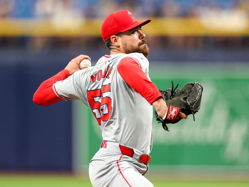 Apr 18, 2024; St. Petersburg, Florida, USA;  Los Angeles Angels pitcher Matt Moore (55) throws a pitch against the Tampa Bay Rays in the eighth inning at Tropicana Field. Mandatory Credit: Nathan Ray Seebeck-USA TODAY Sports