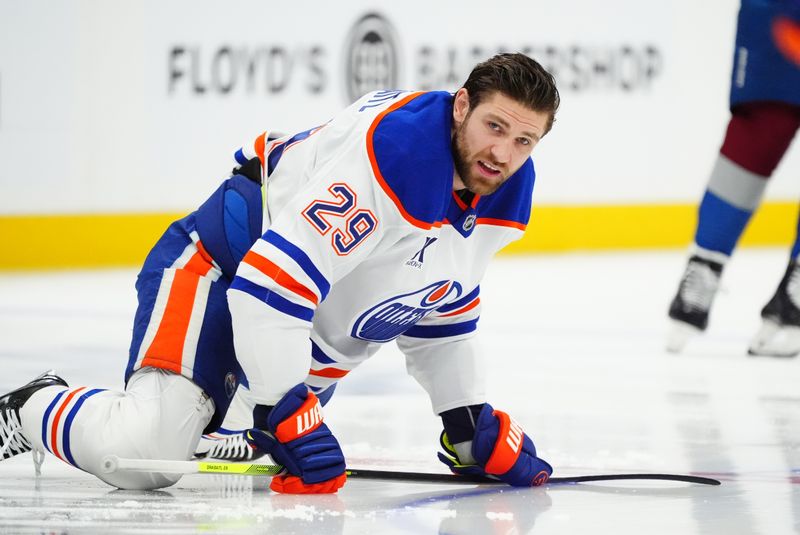 Nov 30, 2024; Denver, Colorado, USA; Edmonton Oilers center Leon Draisaitl (29) before the game against the Colorado Avalanche at Ball Arena. Mandatory Credit: Ron Chenoy-Imagn Images