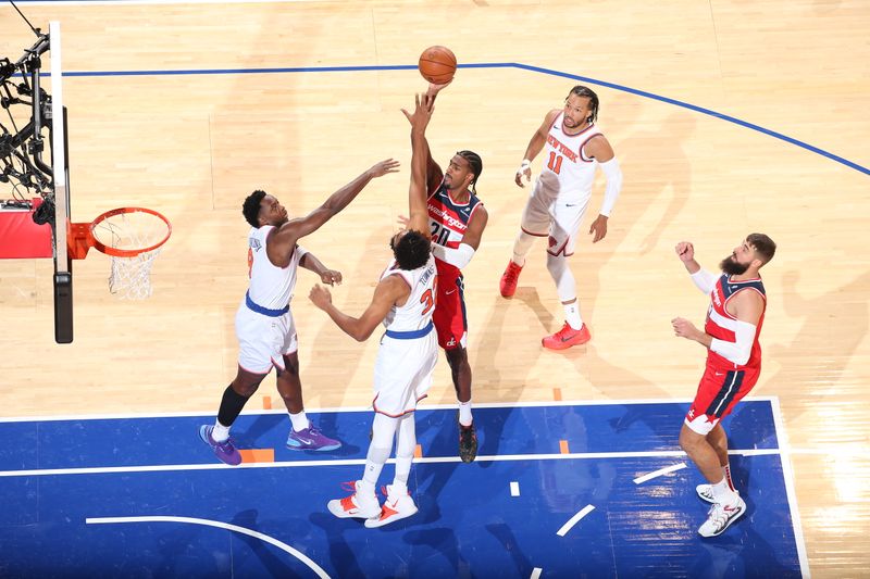 NEW YORK, NY - OCTOBER 9: Alexandre Sarr #20 of the Washington Wizards drives to the basket during the game against the New York Knicks during the 2024 NBA Preseason on October 9, 2024 at Madison Square Garden in New York City, New York.  NOTE TO USER: User expressly acknowledges and agrees that, by downloading and or using this photograph, User is consenting to the terms and conditions of the Getty Images License Agreement. Mandatory Copyright Notice: Copyright 2024 NBAE  (Photo by Nathaniel S. Butler/NBAE via Getty Images)