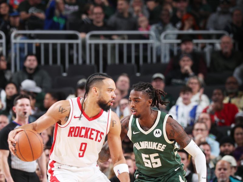 MILWAUKEE, WI - NOVEMBER 18: Dillon Brooks #9 of the Houston Rockets dribbles the ball during the game against the Milwaukee Bucks on November 18, 2024 at the Fiserv Forum Center in Milwaukee, Wisconsin. NOTE TO USER: User expressly acknowledges and agrees that, by downloading and or using this Photograph, user is consenting to the terms and conditions of the Getty Images License Agreement. Mandatory Copyright Notice: Copyright 2024 NBAE (Photo by Gary Dineen/NBAE via Getty Images).