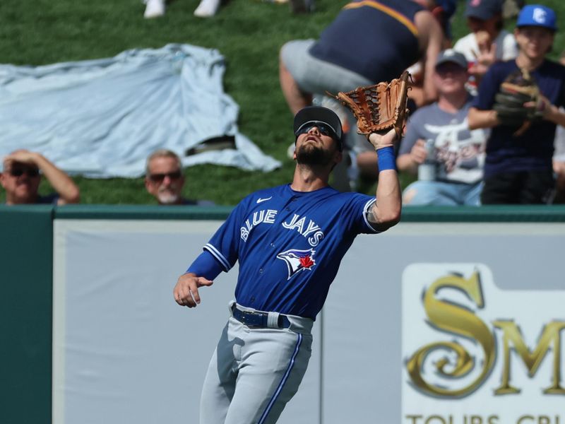 Mar 4, 2023; Lakeland, Florida, USA; Toronto Blue Jays outfielder Nathan Lukes (38) catches a fly ball against the Detroit Tigers during the third inning at Publix Field at Joker Marchant Stadium. Mandatory Credit: Kim Klement-USA TODAY Sports