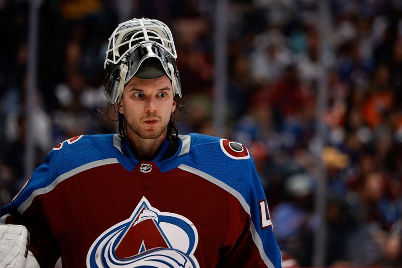 Apr 11, 2023; Denver, Colorado, USA; Colorado Avalanche goaltender Alexandar Georgiev (40) in the third period against the Edmonton Oilers at Ball Arena. Mandatory Credit: Isaiah J. Downing-USA TODAY Sports