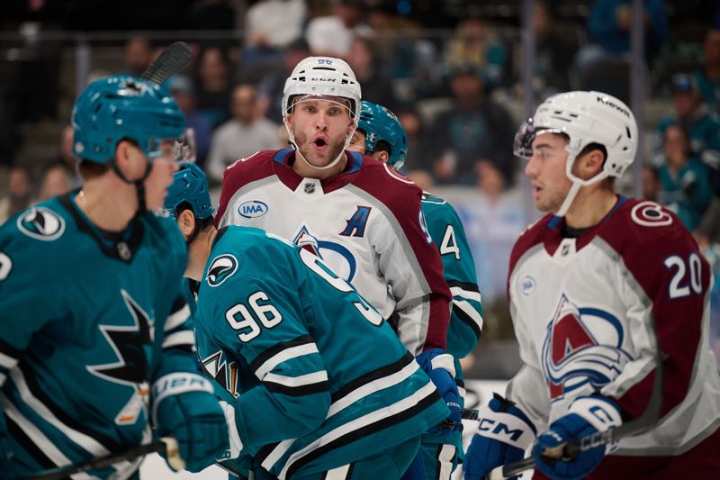 Oct 20, 2024; San Jose, California, USA; Colorado Avalanche right wing Mikko Rantanen (96) reacts during the first period against the San Jose Sharks at SAP Center at San Jose. Mandatory Credit: Robert Edwards-Imagn Images