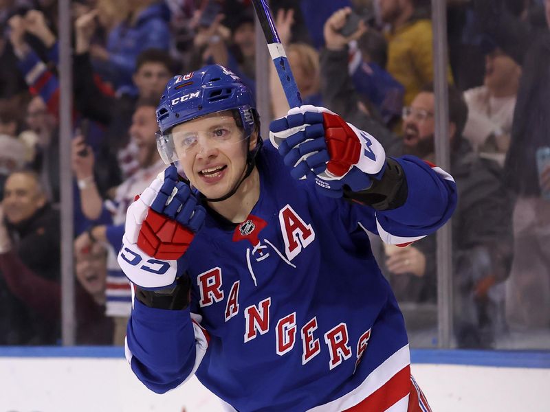 Feb 28, 2024; New York, New York, USA; New York Rangers left wing Artemi Panarin (10) celebrates a goal by defenseman Adam Fox (not pictured) against the Columbus Blue Jackets during the second period at Madison Square Garden. Mandatory Credit: Brad Penner-USA TODAY Sports