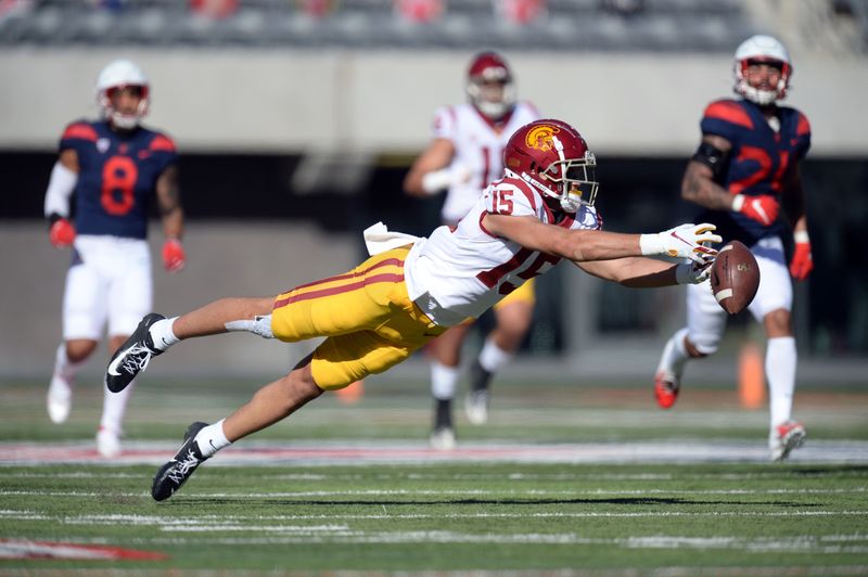 Nov 14, 2020; Tucson, Arizona, USA; USC Trojans wide receiver Drake London (15) is unable to make a diving catch against the Arizona Wildcats during the first half at Arizona Stadium. Mandatory Credit: Joe Camporeale-USA TODAY Sports