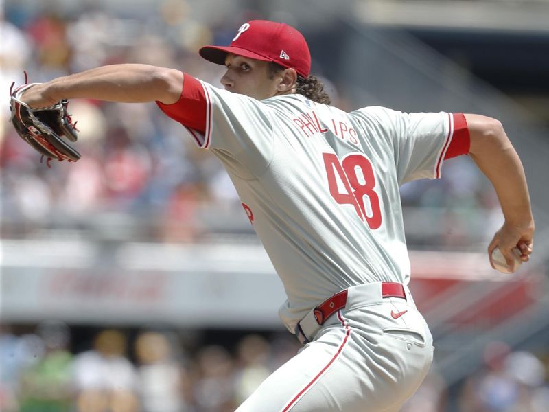 Jul 21, 2024; Pittsburgh, Pennsylvania, USA;  Philadelphia Phillies starting pitcher Tyler Phillips (48) delivers a pitch against the Pittsburgh Pirates during the first inning at PNC Park. Mandatory Credit: Charles LeClaire-USA TODAY Sports