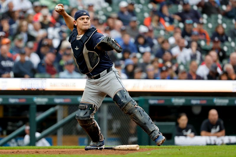 Sep 24, 2024; Detroit, Michigan, USA;  Tampa Bay Rays catcher Ben Rortvedt (30) makes a throw in the fourth inning against the Detroit Tigers at Comerica Park. Mandatory Credit: Rick Osentoski-Imagn Images