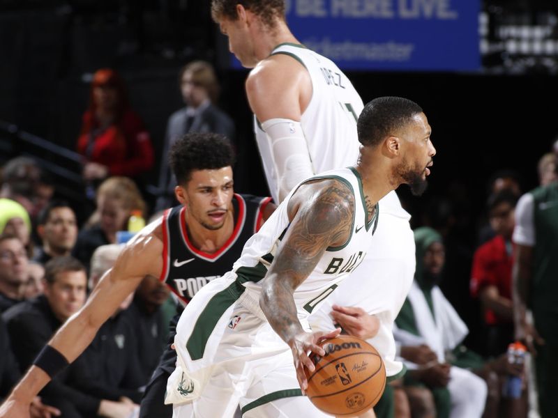 PORTLAND, OR - JANUARY 31:  Damian Lillard #0 of the Milwaukee Bucks goes to the basket during the game on January 31, 2024 at the Moda Center Arena in Portland, Oregon. NOTE TO USER: User expressly acknowledges and agrees that, by downloading and or using this photograph, user is consenting to the terms and conditions of the Getty Images License Agreement. Mandatory Copyright Notice: Copyright 2024 NBAE (Photo by Cameron Browne/NBAE via Getty Images)