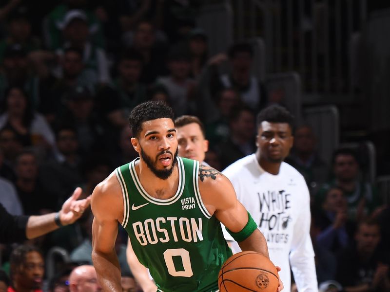 BOSTON, MA - APRIL 24: Jayson Tatum #0 of the Boston Celtics handles the ball during the game  against the Miami Heat during Round 1 Game 2 of the 2024 NBA Playoffs on April 24, 2024 at the TD Garden in Boston, Massachusetts. NOTE TO USER: User expressly acknowledges and agrees that, by downloading and or using this photograph, User is consenting to the terms and conditions of the Getty Images License Agreement. Mandatory Copyright Notice: Copyright 2024 NBAE  (Photo by Brian Babineau/NBAE via Getty Images)