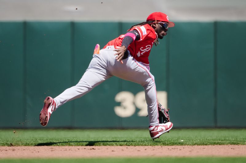 May 12, 2024; San Francisco, California, USA; Cincinnati Reds infielder Elly De La Cruz (44) runs to field a ground ball against the San Francisco Giants during the fourth inning at Oracle Park. Mandatory Credit: Robert Edwards-USA TODAY Sports