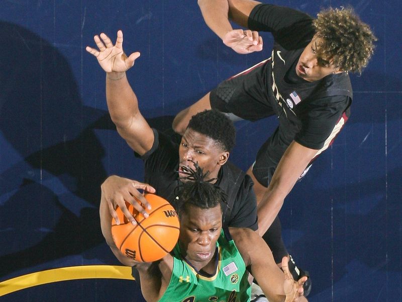 Jan 17, 2023; South Bend, Indiana, USA; Notre Dame Fighting Irish forward Ven-Allen Lubin (2) grabs a rebound in front of Florida State Seminoles guard Chandler Jackson (0) in the second half at the Purcell Pavilion. Mandatory Credit: Matt Cashore-USA TODAY Sports